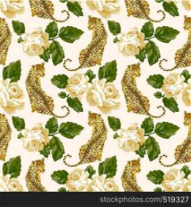 Seamless pattern with pastel roses and wild leopard animal