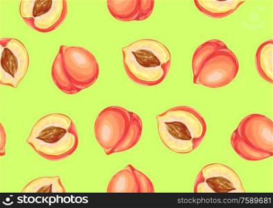 Seamless pattern with peaches and slices. Summer fruit decorative illustration.. Seamless pattern with peaches and slices.