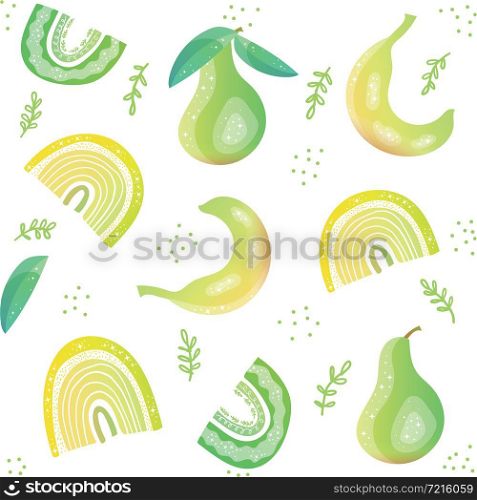 Seamless pattern with pear, banana and rainbow