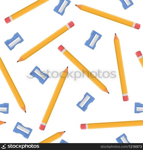 Seamless pattern with pencils and blue sharpeners isolated on white background. Cartoon style. Vector illustration for design, web, wrapping paper, fabric, wallpaper.