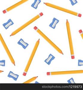 Seamless pattern with pencils and blue sharpeners isolated on white background. Cartoon style. Vector illustration for design, web, wrapping paper, fabric, wallpaper.