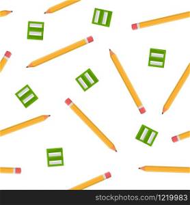 Seamless pattern with pencils and green sharpeners isolated on white background. Cartoon style. Vector illustration for design, web, wrapping paper, fabric, wallpaper.