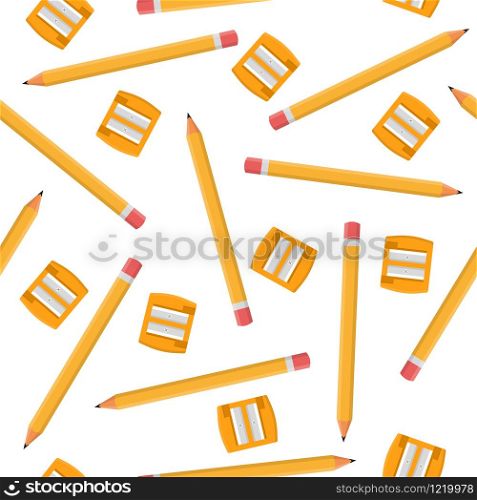 Seamless pattern with pencils and orange sharpeners isolated on white background. Cartoon style. Vector illustration for design, web, wrapping paper, fabric, wallpaper.
