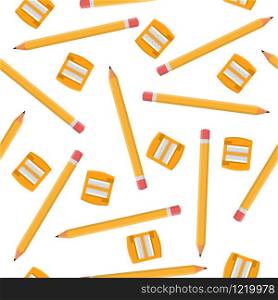 Seamless pattern with pencils and orange sharpeners isolated on white background. Cartoon style. Vector illustration for design, web, wrapping paper, fabric, wallpaper.