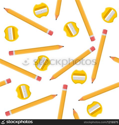 Seamless pattern with pencils and yellow sharpeners isolated on white background. Cartoon style. Vector illustration for design, web, wrapping paper, fabric, wallpaper.