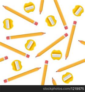 Seamless pattern with pencils and yellow sharpeners isolated on white background. Cartoon style. Vector illustration for design, web, wrapping paper, fabric, wallpaper.