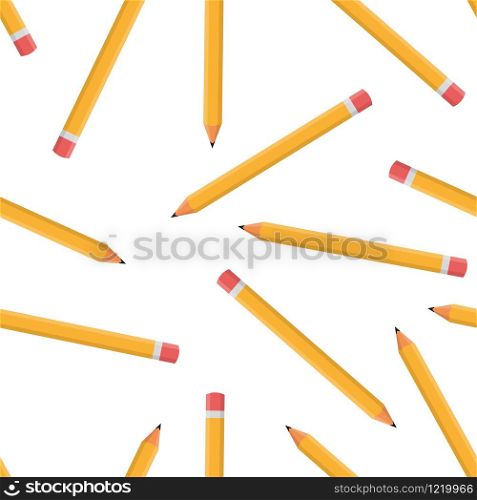 Seamless pattern with pencils isolated on white background. Cartoon style. Vector illustration for design, web, wrapping paper, fabric, wallpaper.