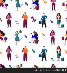 Seamless pattern with people with bags, man, girls are doing shopping. Person carries shopping bag, seasonal sale in shop, market, store. Cartoon characters on white background. Vector, flat style.. People-Shopping-Concept