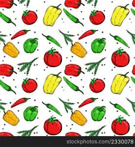 Seamless pattern with peppers and tomatoes. Background with food. Template for packaging, paper, cooking design vector illustration