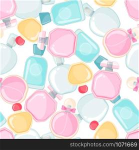 Seamless pattern with perfume bottle in flat style isolated on white background. Vector illustration.. Vector Seamless pattern with perfume bottle in flat style isolated on white background.