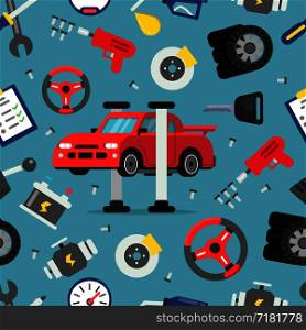 Seamless pattern with pictures of auto spare parts. Background automobile repair, gear and detail for car, vector illustration. Seamless pattern with pictures of auto spare parts