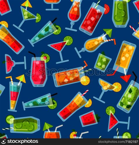 Seamless pattern with pictures of summer cocktails. Summer cocktail drink background, vector illustration. Seamless pattern with pictures of summer cocktails