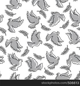Seamless pattern with pigeons and olive branch. Modern random colors. Ideal for textiles, packaging, paper printing, simple backgrounds and textures.