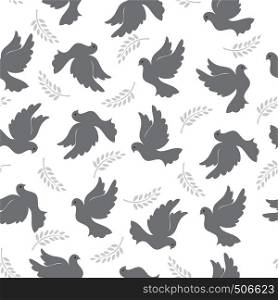 Seamless pattern with pigeons and olive branch. Modern random colors. Ideal for textiles, packaging, paper printing, simple backgrounds and textures.