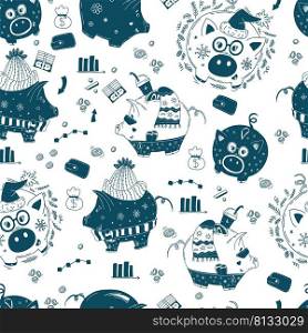 Seamless pattern with piggy banks. Cute pigs in different seasons - in summer shorts with cocktail, winter scarf and Christmas Santa in glasses on white background. Vector illustration in doodle style