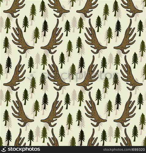 Seamless pattern with pine trees and horns. Hand drawn vector pattern for textile or web backdrop.. Seamless pattern with pine trees and horns. Hand drawn vector pattern for textile or web backdrop