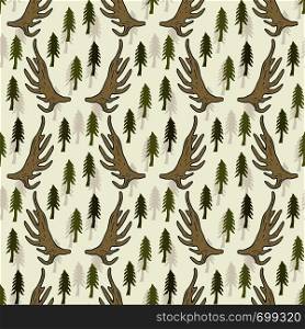Seamless pattern with pine trees and horns. Hand drawn vector pattern for textile or web backdrop.. Seamless pattern with pine trees and horns. Hand drawn vector pattern for textile or web backdrop