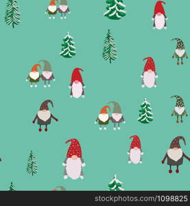 Seamless pattern with pine trees and scandinavian gnomes. Beautiful festive design with elves decorations. For wrapping paper, textiles, fabric. Flat cartoon style vector illustration.. Seamless pattern with pine trees and scandinavian gnomes.