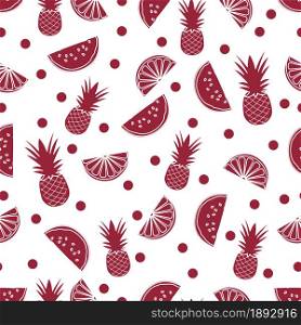 Seamless pattern with pineapples, orange slices, watermelon slices. Tropical fruit. Summer background.