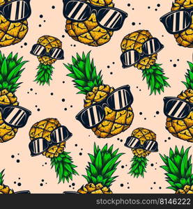 Seamless pattern with pineapples with sunglasses in engraving style. Design element for poster, card, banner, sign. Vector illustration