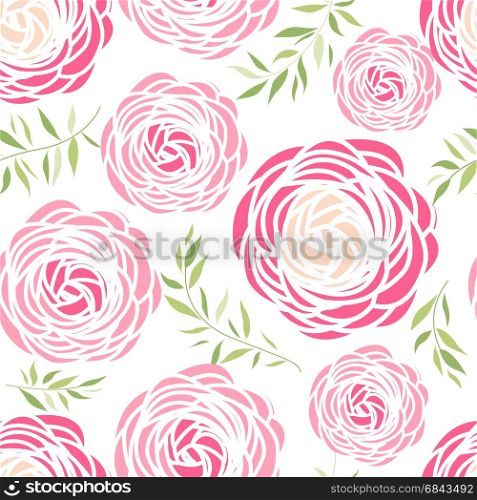 Seamless pattern with pink flowers. Vector illustration of ranunculus flower. Seamless pattern with pink flowers