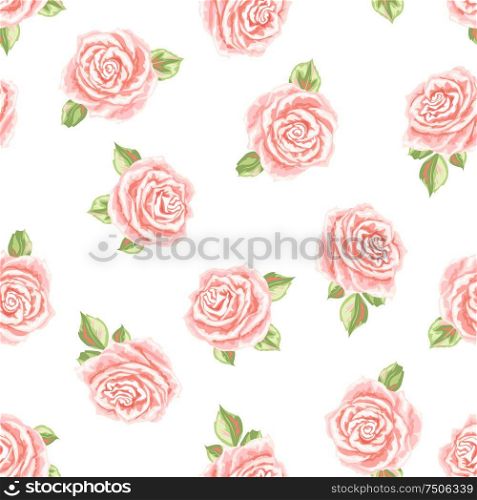 Seamless pattern with pink roses. Beautiful realistic flowers, buds and leaves.. Seamless pattern with pink roses.