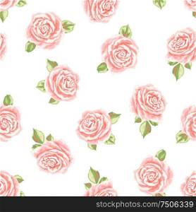 Seamless pattern with pink roses. Beautiful realistic flowers, buds and leaves.. Seamless pattern with pink roses.
