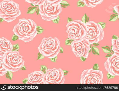 Seamless pattern with pink roses. Beautiful realistic flowers, buds and leaves.. Seamless pattern with pink roses.