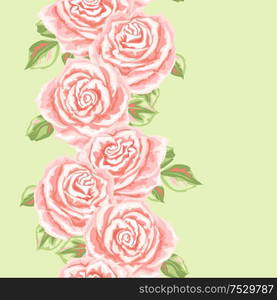 Seamless pattern with pink roses. Beautiful realistic flowers, buds and leaves.. Seamless pattern with pink roses.