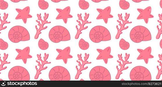 Seamless pattern with pink seashells, corals and starfishes. Marine background. Perfect for greetings, invitations, wrapping paper, textile, wedding and web design.. Seamless pattern with pink seashells, corals and starfishes. Marine background.