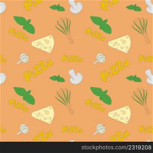 Seamless pattern with pizza Background with onions garlic cheese mushrooms basil Food template vector illustration