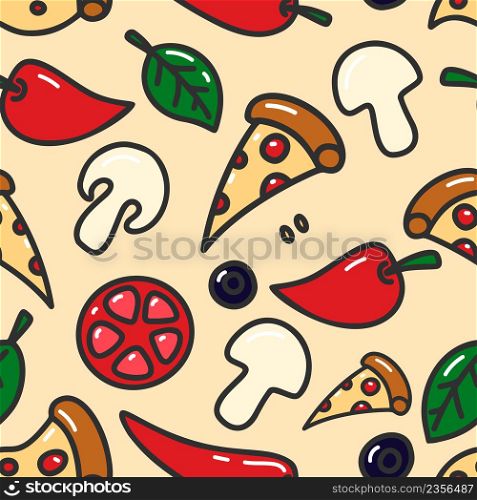 Seamless pattern with pizza design elements in line style. For poster,card, banner, flyer. Vector illustration