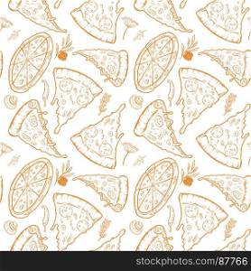 Seamless pattern with pizza, herbs, mushrooms, olives. Vector illustration
