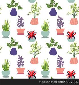 Seamless pattern with plants and pots. Design for print, poster, banner, design for fabric and textile. Vector illustration. Seamless pattern with plants and pots. Design for print, poster, banner, design for fabric and textile