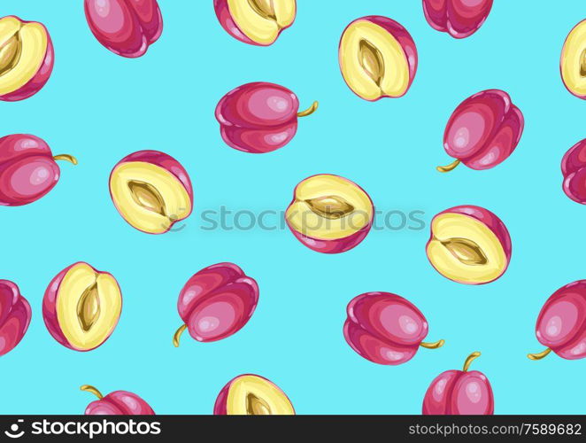 Seamless pattern with plums and slices. Summer fruit decorative illustration.. Seamless pattern with plums and slices.