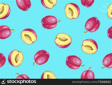 Seamless pattern with plums and slices. Summer fruit decorative illustration.. Seamless pattern with plums and slices.