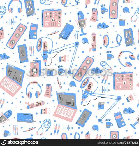 Seamless pattern with podcast technology elemens. Vector endless background.