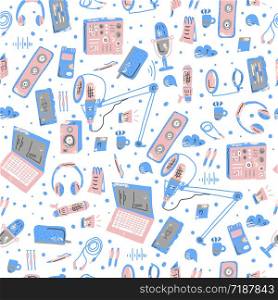 Seamless pattern with podcast technology elemens. Vector endless background.