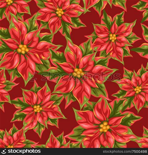 Seamless pattern with poinsettia flowers. Stylized hand drawn background in retro style.. Seamless pattern with poinsettia flowers.