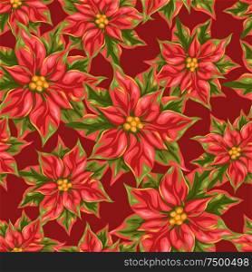 Seamless pattern with poinsettia flowers. Stylized hand drawn background in retro style.. Seamless pattern with poinsettia flowers.