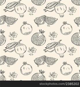Seamless pattern with pomegranate fruits. Model whole pomegranates, halves and flowers. Background sketch pomegranate vector illustration