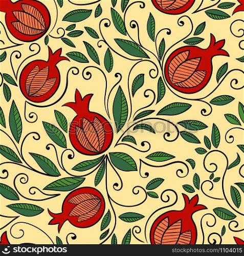 Seamless pattern with pomegranate, Rosh Hashanah symbol. Floral pattern with decorative pomegranate fruits and leaves. Vector illustration. Pomegranate seamless pattern