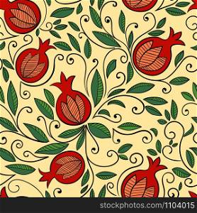 Seamless pattern with pomegranate, Rosh Hashanah symbol. Floral pattern with decorative pomegranate fruits and leaves. Vector illustration. Pomegranate seamless pattern