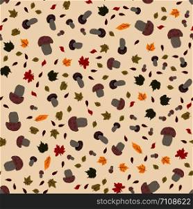 Seamless pattern with porcini mushrooms and autumn leaves. Flat cartoon style. Vector illustration.. Seamless pattern with porcini mushrooms and peppers.