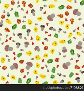Seamless pattern with porcini mushrooms and mix color peppers. Flat cartoon style. Vector illustration.. Seamless pattern with porcini mushrooms and peppers.