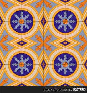 Seamless pattern with Portuguese tiles. Realistic vector illustration of Azulejo. Mediterranean style. Blue and yellow colors.. Seamless pattern with Portuguese tiles. Azulejo