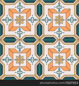 Seamless pattern with Portuguese tiles. Realistic vector illustration of Azulejo. Mediterranean style. Green and peach colors.. Seamless pattern with Portuguese tiles. Azulejo