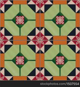 Seamless pattern with Portuguese tiles. Realistic vector illustration of Azulejo. Mediterranean style. Green and red colors.. Seamless pattern with Portuguese tiles. Azulejo