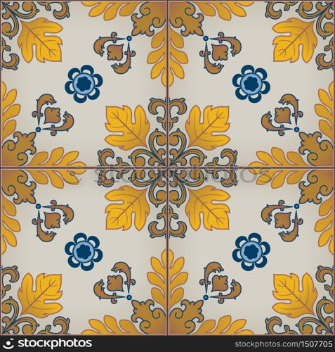 Seamless pattern with Portuguese tiles. Realistic vector illustration of Azulejo. Mediterranean style. Blue and yellow colors.. Seamless pattern with Portuguese tiles. Azulejo