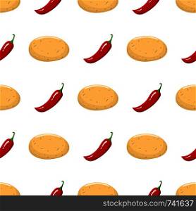 Seamless pattern with potato and chilli pepper vegetables. Organic food. Cartoon style. Vector illustration for design, web, wrapping paper, fabric, wallpaper.